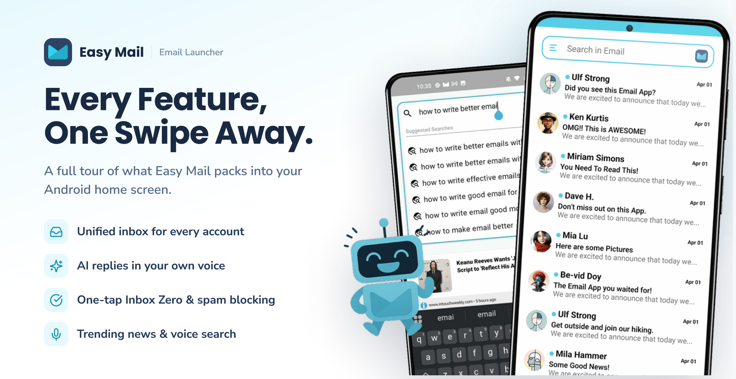 Easy Mail Email Launcher features: unified inbox, AI replies, Inbox Zero, and voice search