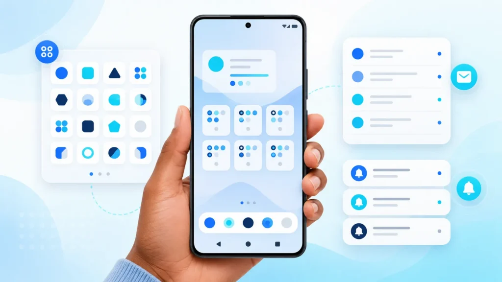 Organizing an Android phone across three zones: home screen icons, app drawer and email inbox