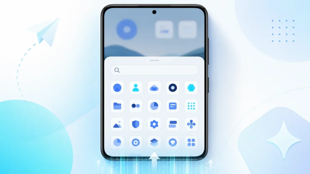 The app drawer in Android sliding up over the home screen to show every installed app