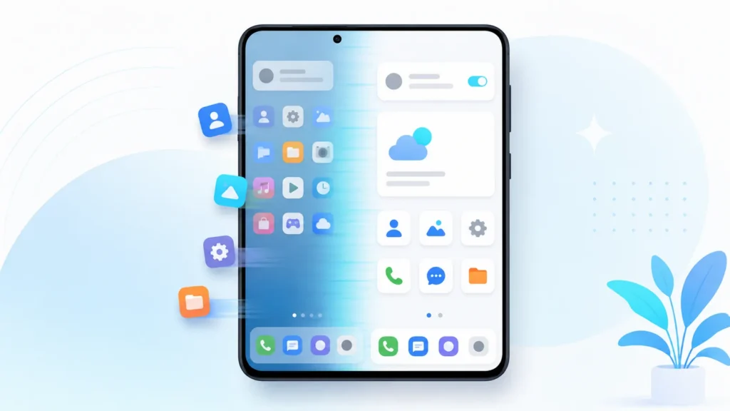 Changing launchers on Android as one home screen layout slides out and a new launcher slides in