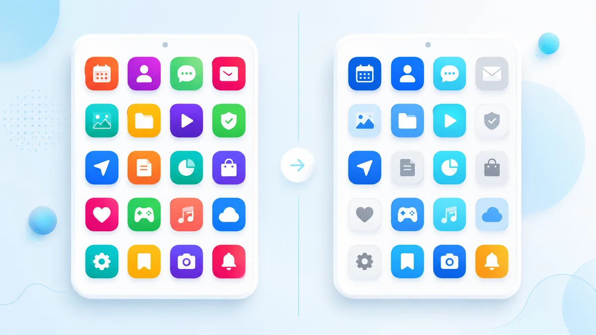 Two icon grids compared, cluttered versus color-disciplined