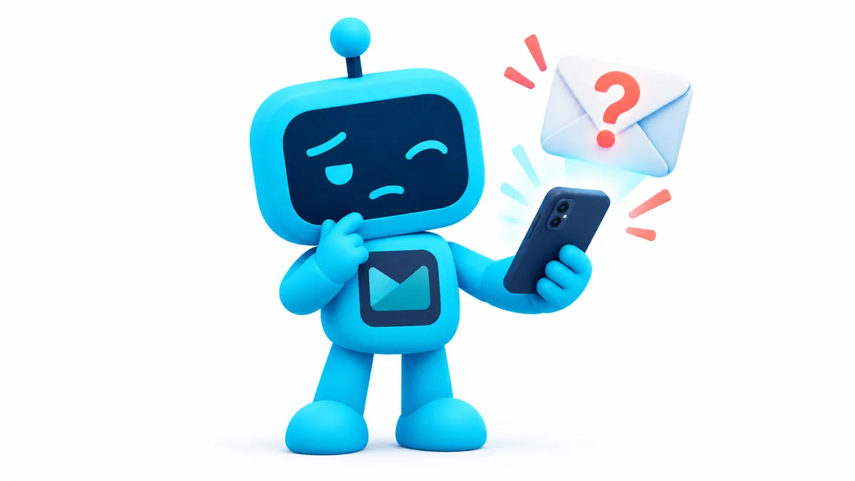Emilia, the blue Easy Mail robot, holds a phone at arm's length and looks closely at an email marked with a large question mark