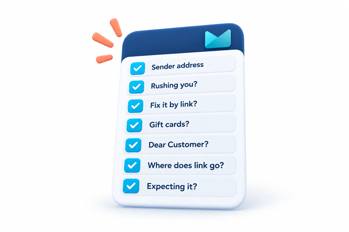 A checklist card with seven short items for spotting a scam email: sender address, rushing you, fix it by link, gift cards, Dear Customer, where does the link go, expecting it