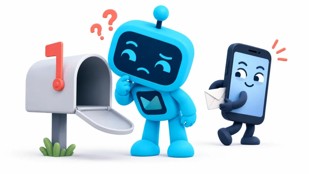 Emilia, the blue Easy Mail robot, peers into an empty mailbox while a mischievous phone behind her hides an envelope