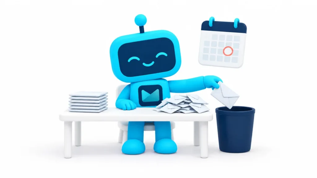 Emilia, the blue Easy Mail robot, calmly sorts a pile of envelopes and sets the suspicious ones aside