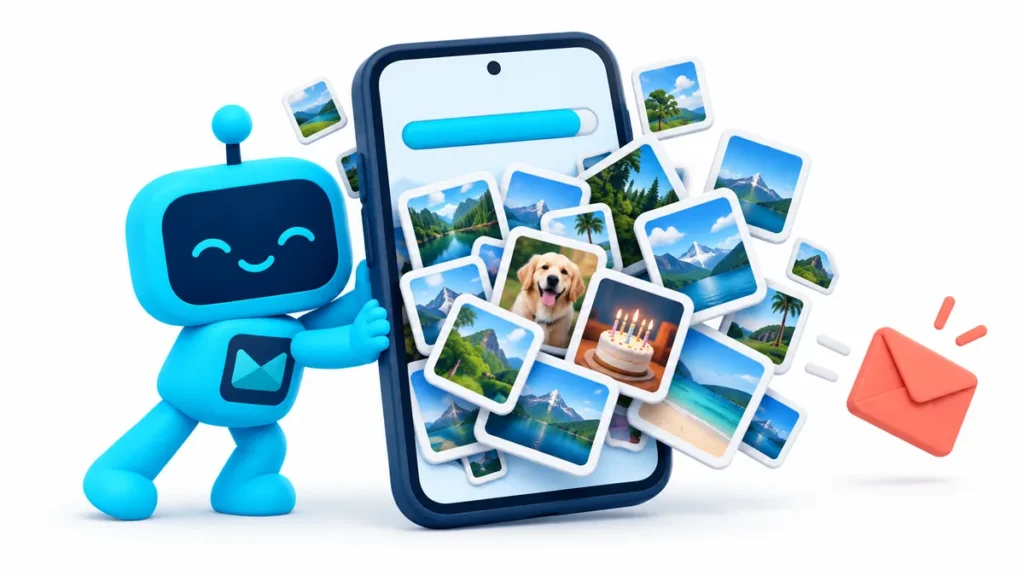 A phone with a nearly full storage bar, surrounded by photos crowding out a single envelope
