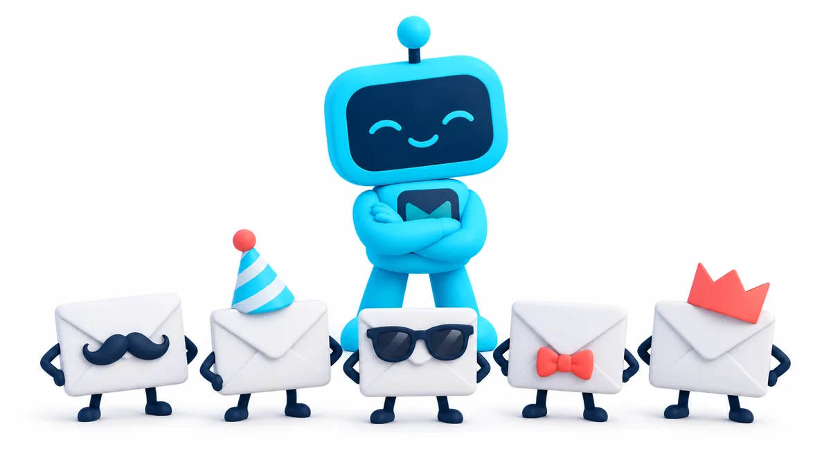 Emilia, the blue Easy Mail robot, stands confidently in front of five envelopes wearing cheap disguises