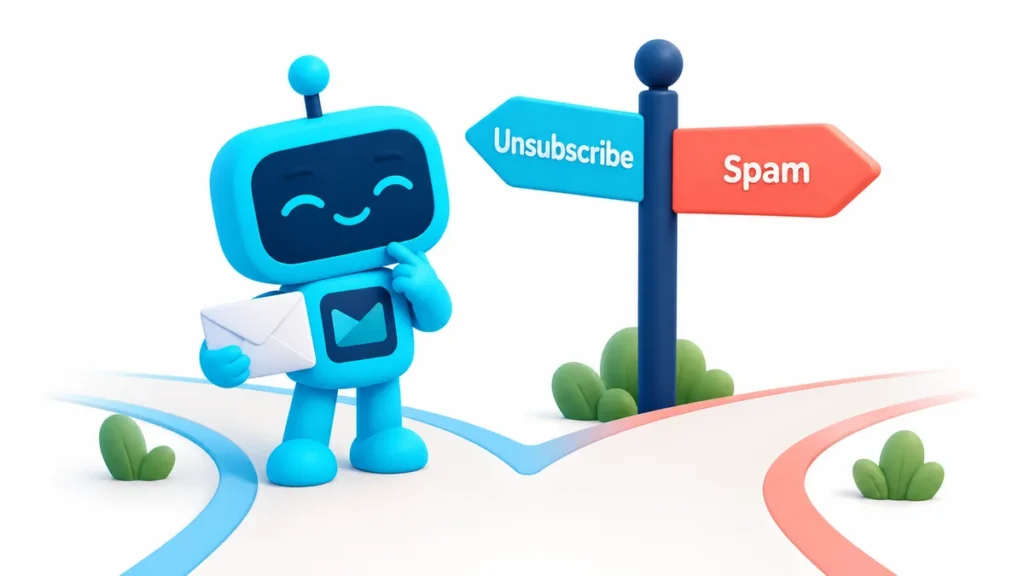 Emilia, the blue Easy Mail robot, at a fork in the road with signs pointing to Unsubscribe and Spam